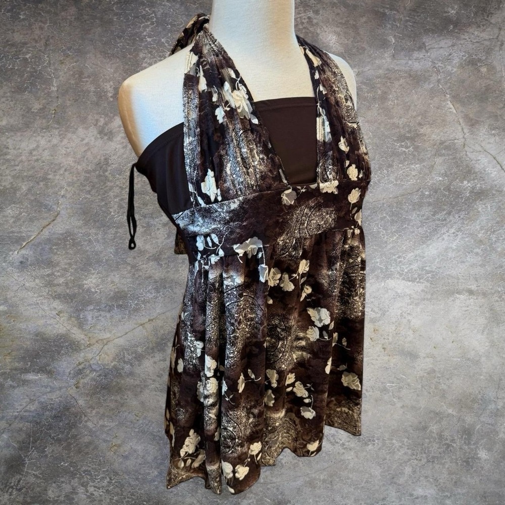 Vintage Anna Babydoll Halter Floral Sheer Top Women's 1XL Beachy USA Made Y2K